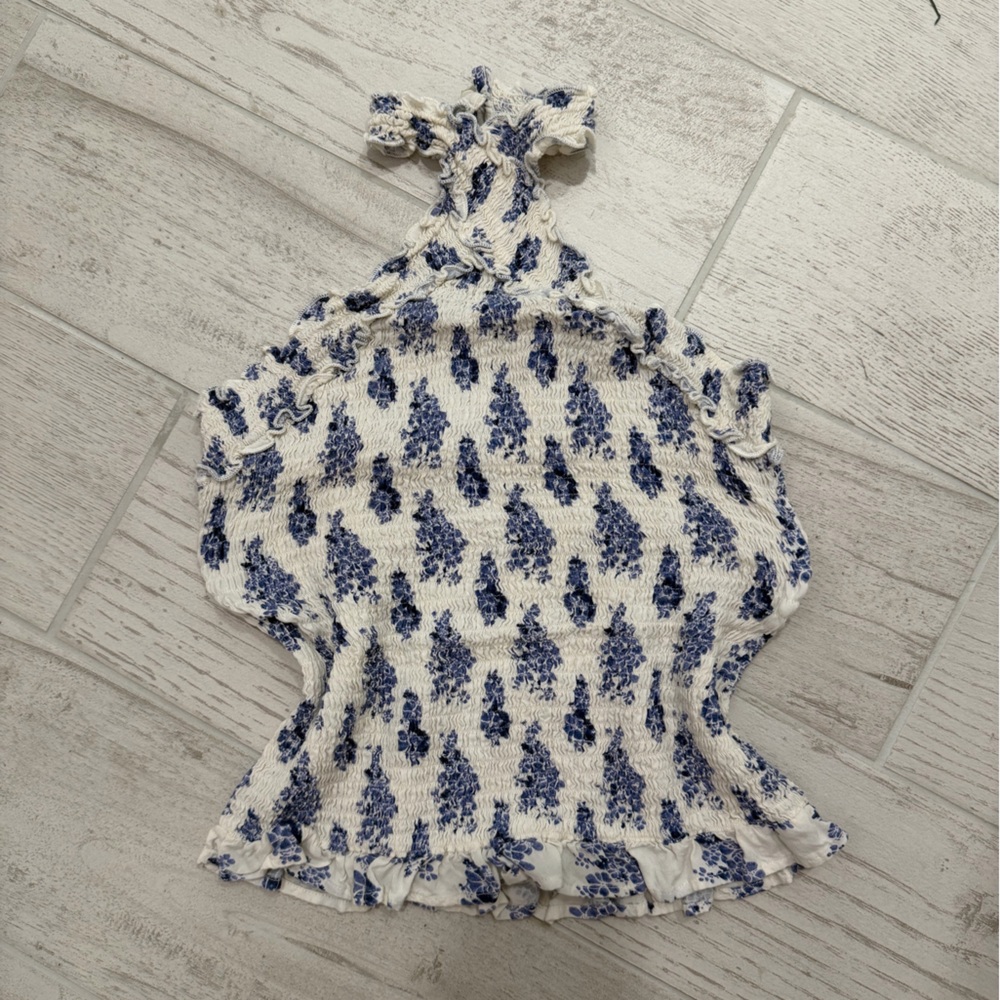 Blue and White Patterned halter top with buttons